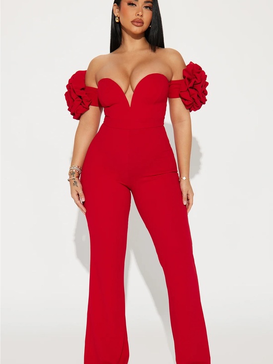 Fashion Nova Pants - Fashion Nova Red Off-Shoulder Puff Sleeve Jumpsuit